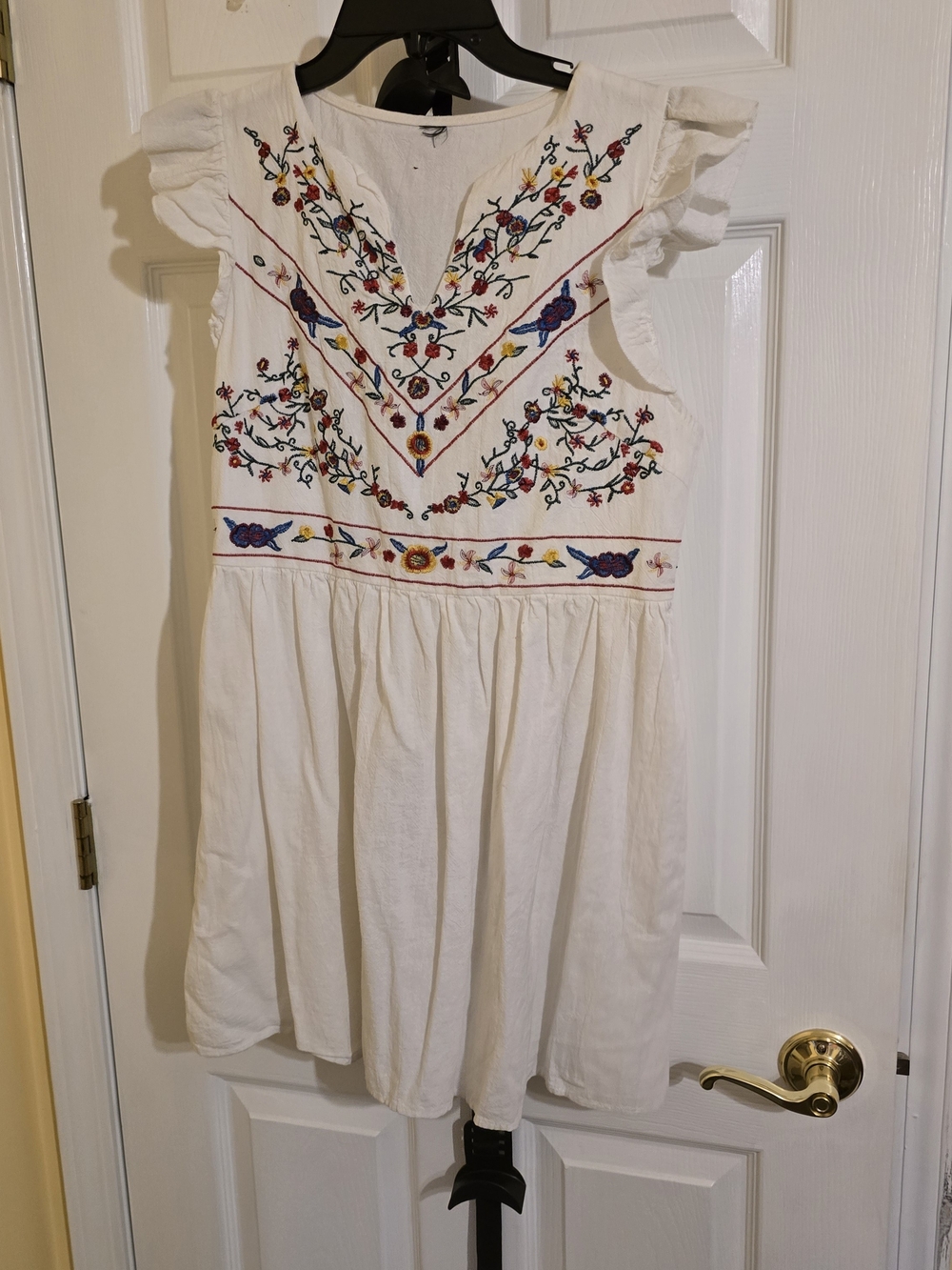 White Embroidered Flutter-Sleeve Women's Dress